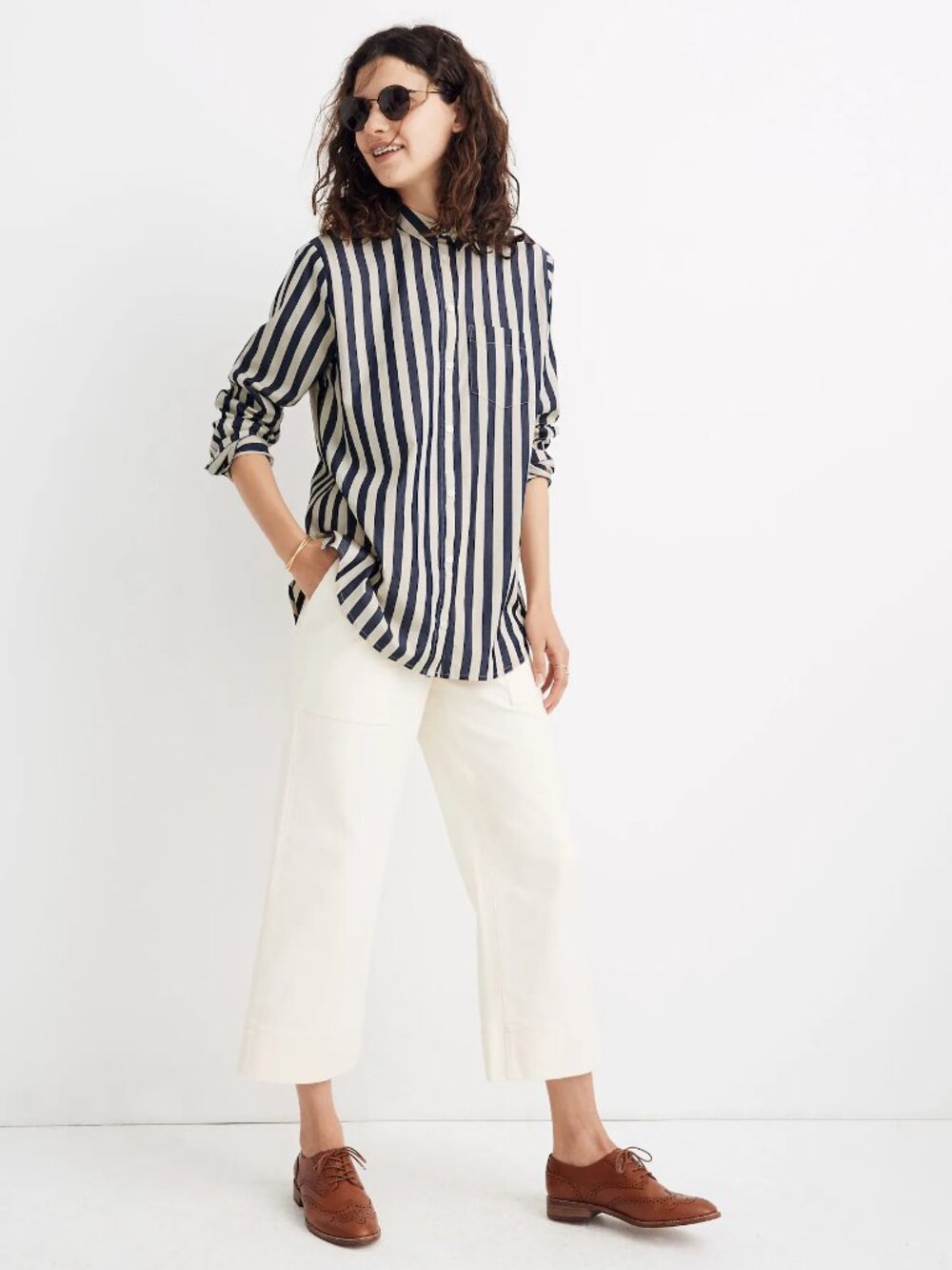 MADEWELL Tunic Shirt Button-Down LS Shirt Hampden Vertical Striped Blue/Ecru L